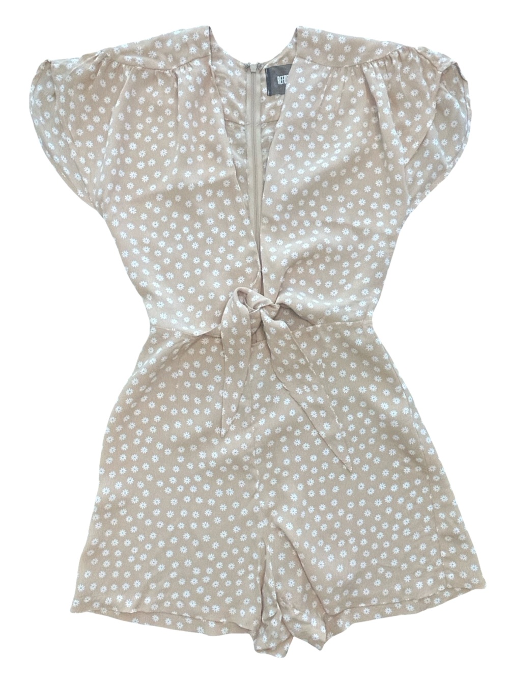 Reformation Floral Front Tie Romper flutter sleeves, a plunging V-neckline 2 - Picture 2 of 7